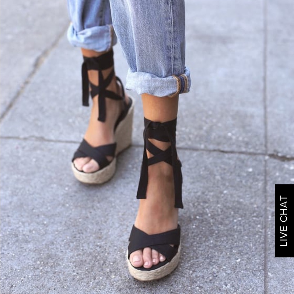 Esme black lace up espadrille wedges